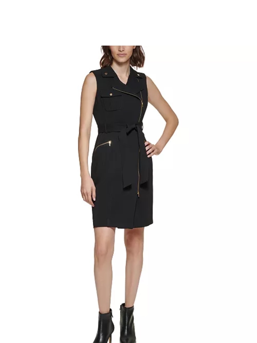 Calvin Klein Black Sleeveless Moto Dress with Gold Zippers and Branded Hardware - Picture 2 of 10